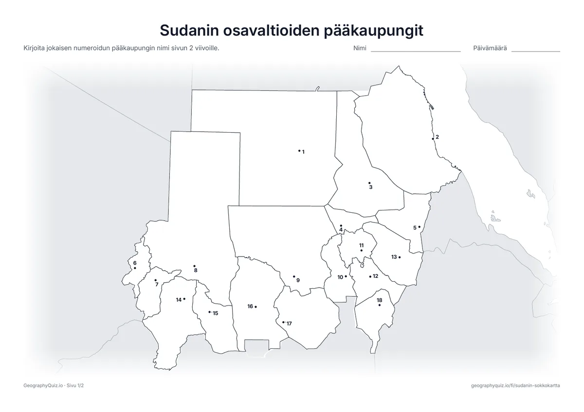 Esikatselu: tulostettava tehtävämoniste ”Sudanin osavaltioiden pääkaupungit”: Jokainen pääkaupunki on merkitty numeroidulla pisteellä