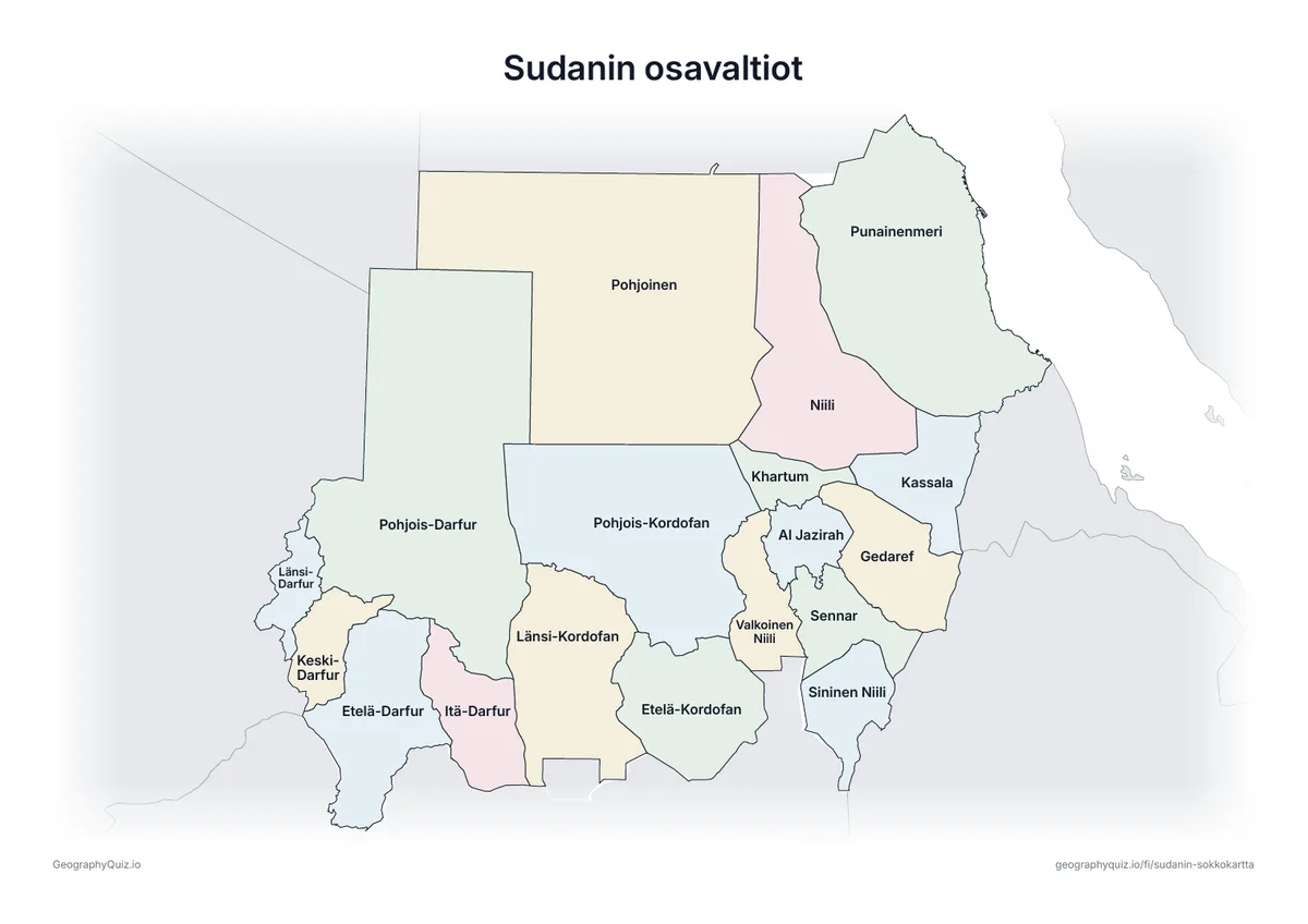 Esikatselu: tulostettava tehtävämoniste ”Sudanin osavaltiot”: Sudanin kartta, johon on kirjoitettu kaikki nimet – katsauskartaksi tunnille ja kertaukseen