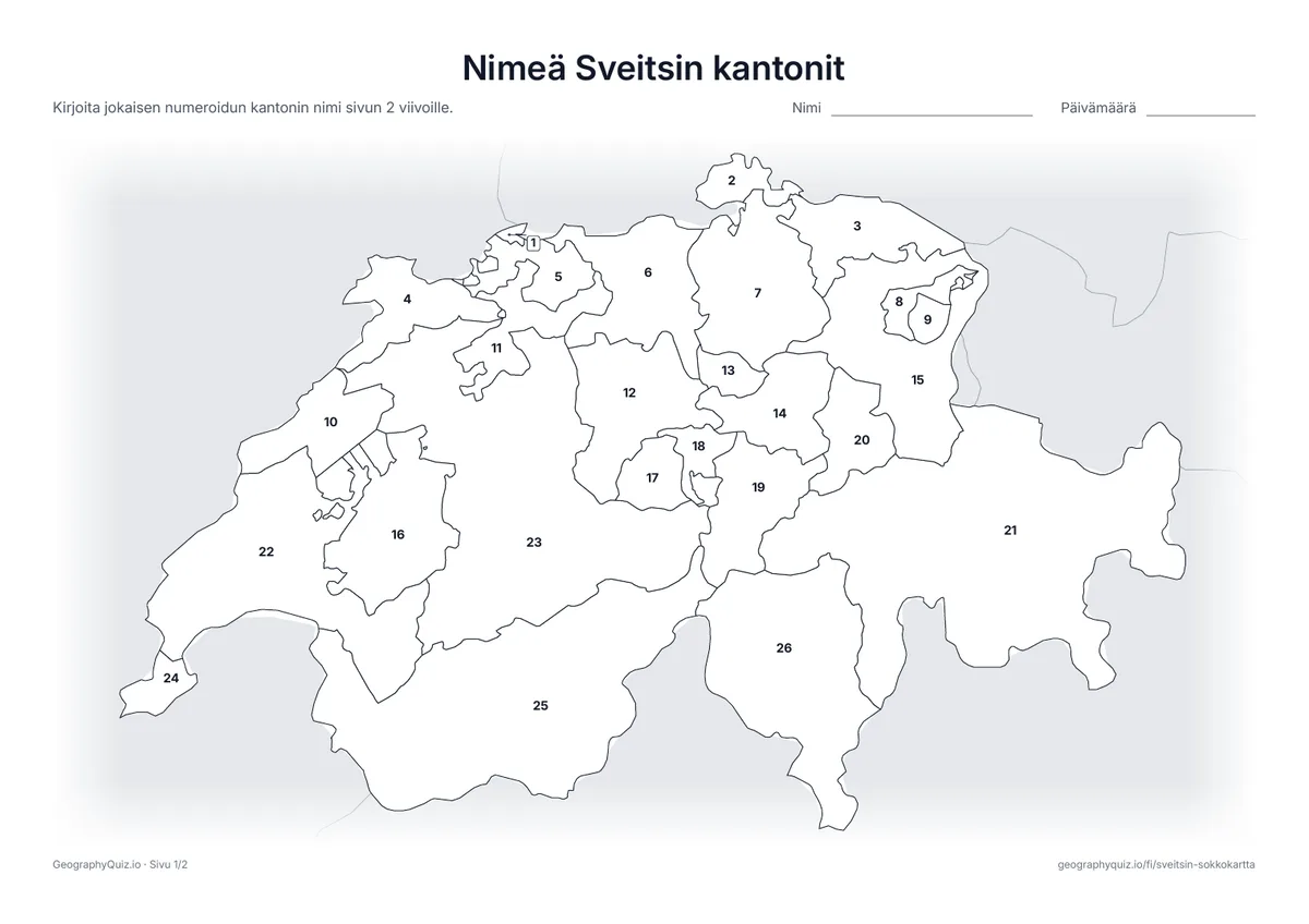 Esikatselu: tulostettava tehtävämoniste ”Nimeä Sveitsin kantonit”: Kaikki 26 kantonia on numeroitu