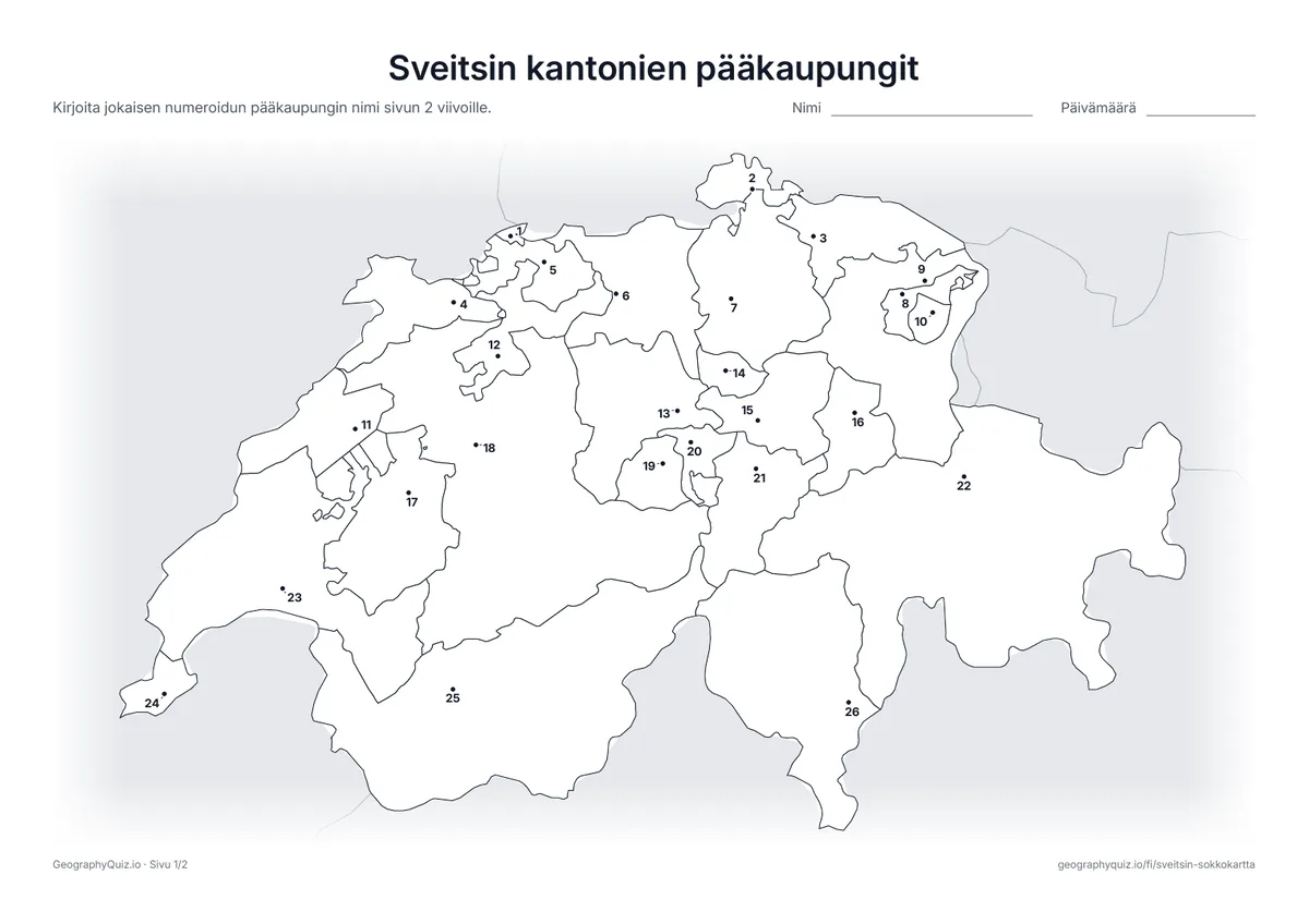 Esikatselu: tulostettava tehtävämoniste ”Sveitsin kantonien pääkaupungit”: Jokaisen kantonin pääkaupunki on merkitty numeroidulla pisteellä