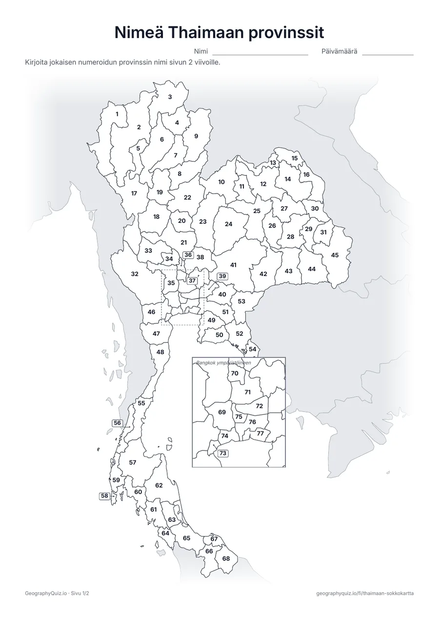 Esikatselu: tulostettava tehtävämoniste ”Nimeä Thaimaan provinssit”: Kaikki 76 provinssia ja Bangkok on numeroitu