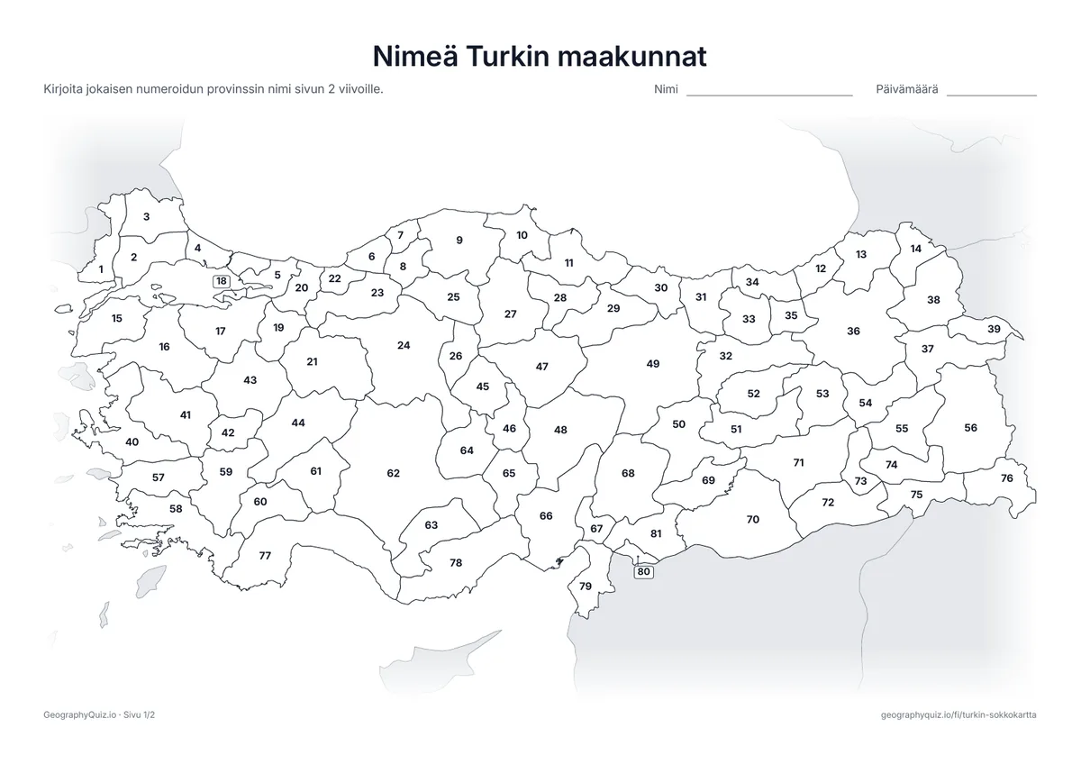 Esikatselu: tulostettava tehtävämoniste ”Nimeä Turkin maakunnat”: Kaikki 81 maakuntaa on numeroitu