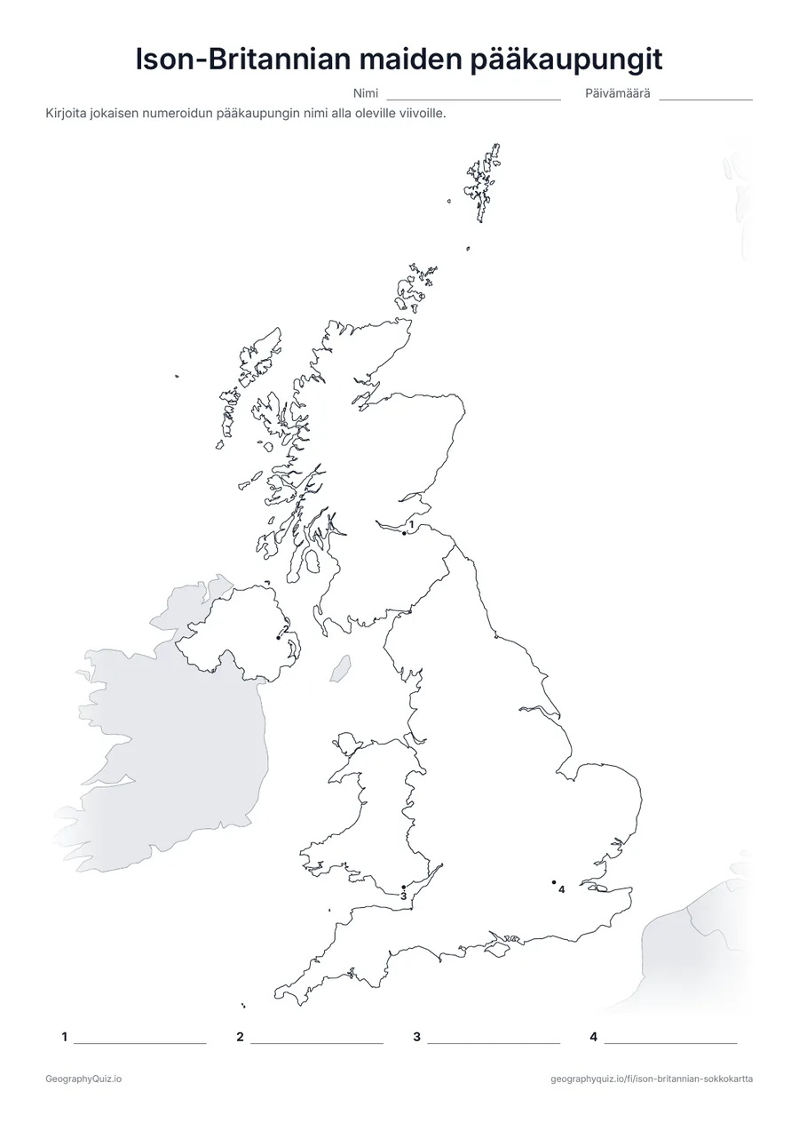 Esikatselu: tulostettava tehtävämoniste ”Ison-Britannian maiden pääkaupungit”: Lontoo, Edinburgh, Cardiff ja Belfast on merkitty numeroiduilla pisteillä