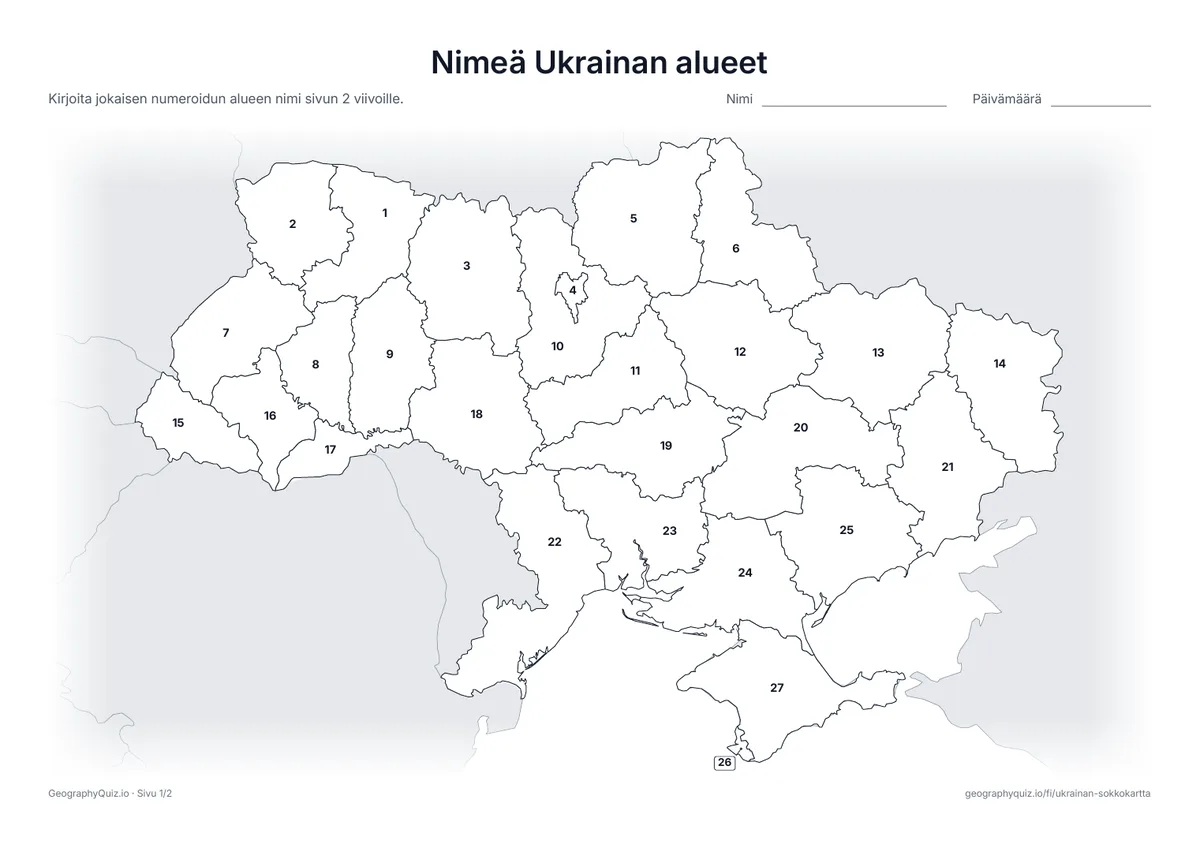 Esikatselu: tulostettava tehtävämoniste ”Nimeä Ukrainan alueet”: Kaikki 24 aluetta, Krim, Kiova ja Sevastopol on numeroitu