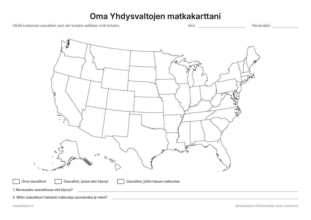 Esikatselu: tulostettava tehtävämoniste ”Oma Yhdysvaltojen matkakarttani”: Väritä oma osavaltiosi, osavaltiot, joissa olet käynyt, ja ne, joihin haluaisit matkustaa, ja vastaa kahteen kysymykseen