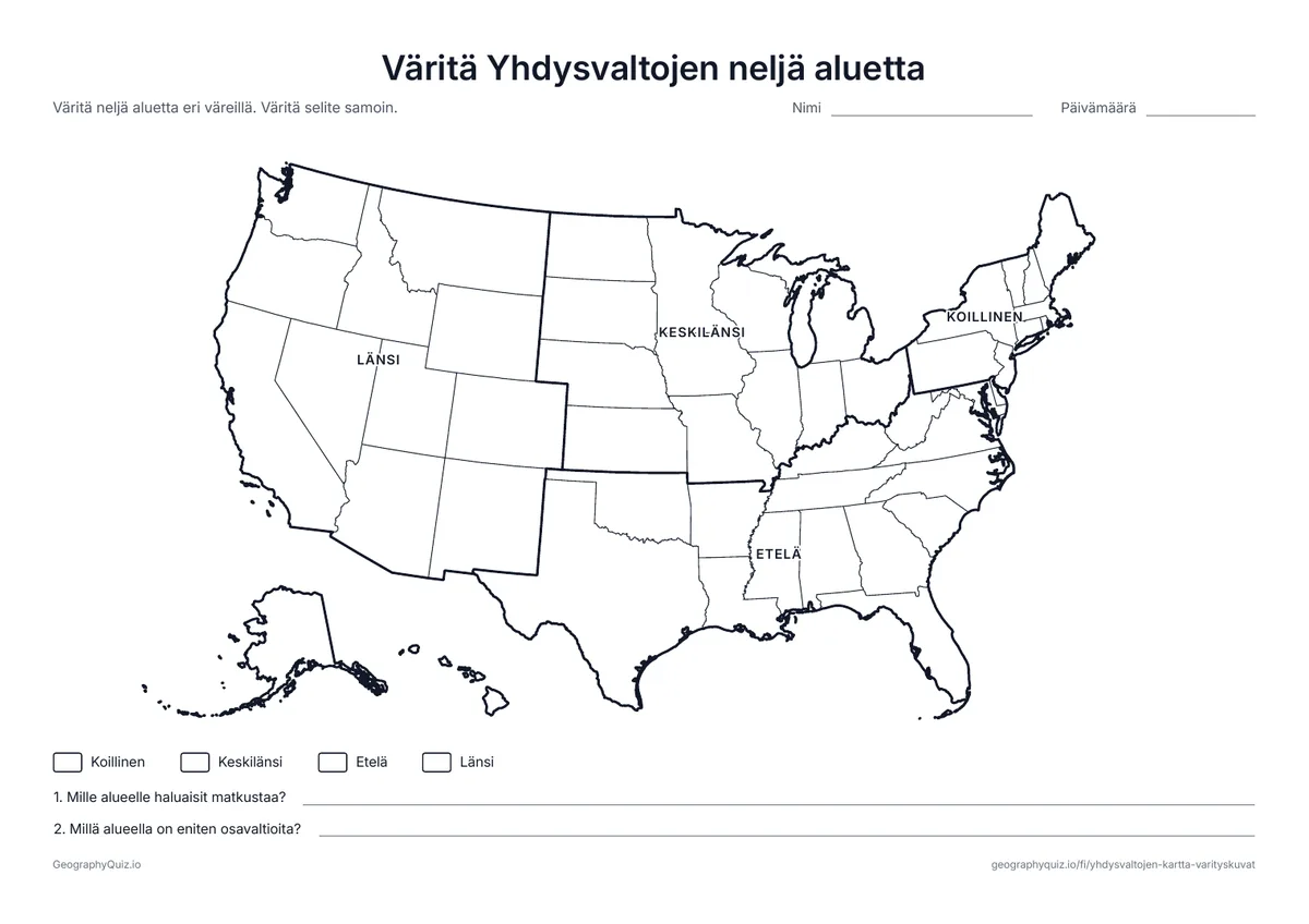 Esikatselu: tulostettava tehtävämoniste ”Väritä Yhdysvaltojen neljä aluetta”: Paksut viivat jakavat kartan koilliseen, Keskilänteen, etelään ja länteen