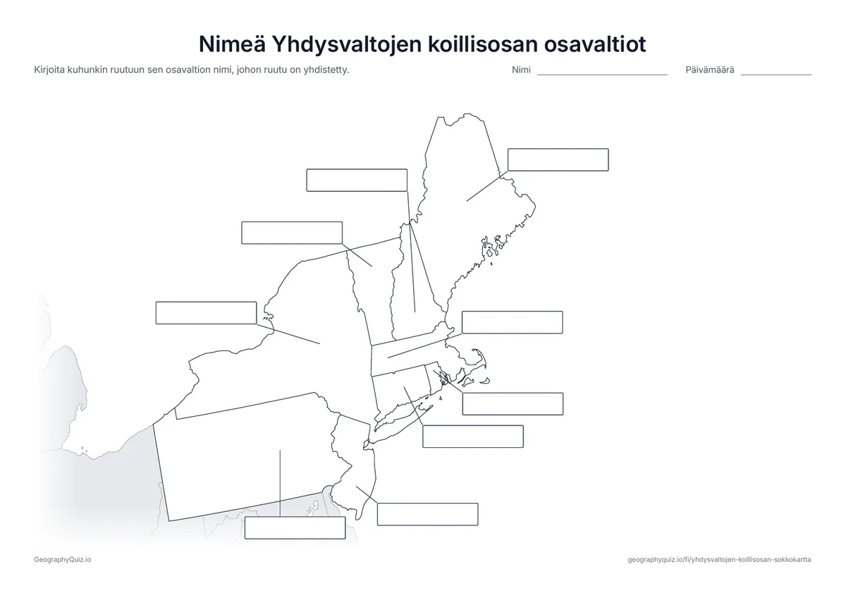 Esikatselu: tulostettava tehtävämoniste ”Nimeä Yhdysvaltojen koillisosan osavaltiot”: Kaikki 9 osavaltiota on yhdistetty viivalla kukin omaan tyhjään vastausruutuunsa, kuten maailmankarttojen monisteessa ”Nimeä maanosat”
