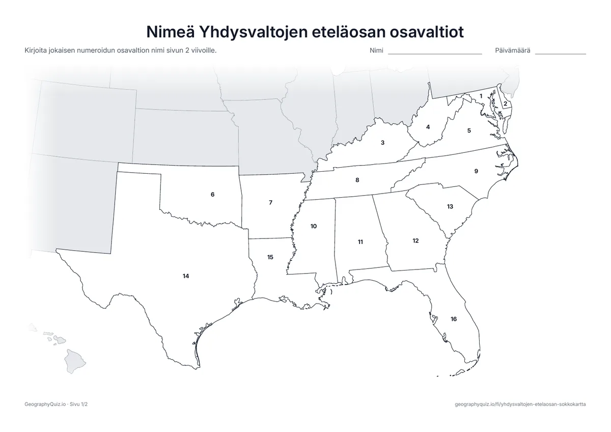 Esikatselu: tulostettava tehtävämoniste ”Nimeä Yhdysvaltojen eteläosan osavaltiot”: Kaikki 16 osavaltiota on numeroitu