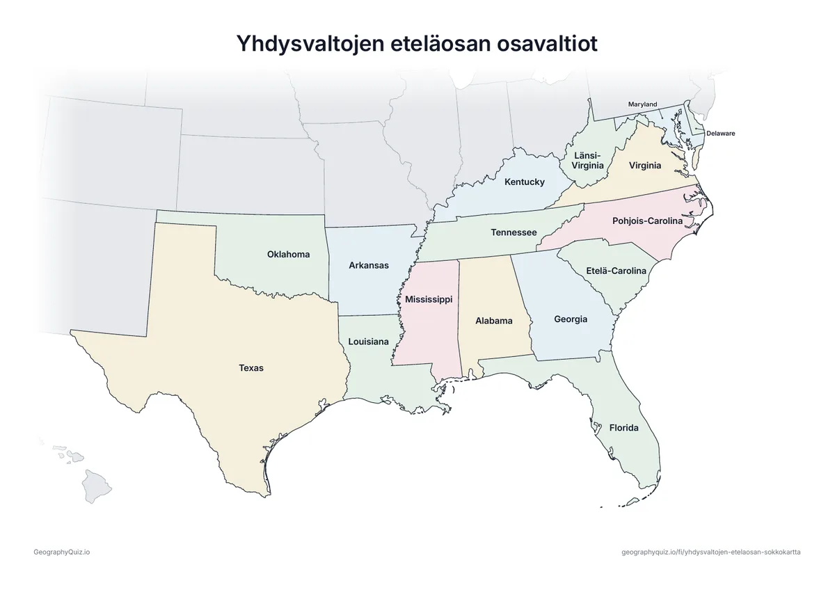 Esikatselu: tulostettava tehtävämoniste ”Yhdysvaltojen eteläosan osavaltiot”: Sama kartta, jossa on kaikkien 16 osavaltion nimet – opetukseen ja kertaukseen