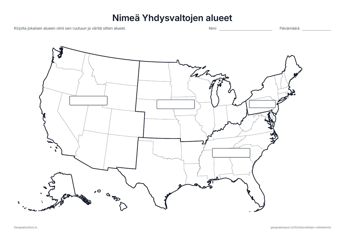 Esikatselu: tulostettava tehtävämoniste ”Nimeä Yhdysvaltojen alueet”: Paksut viivat rajaavat neljä aluetta, ja jokaisella on tyhjä ruutu