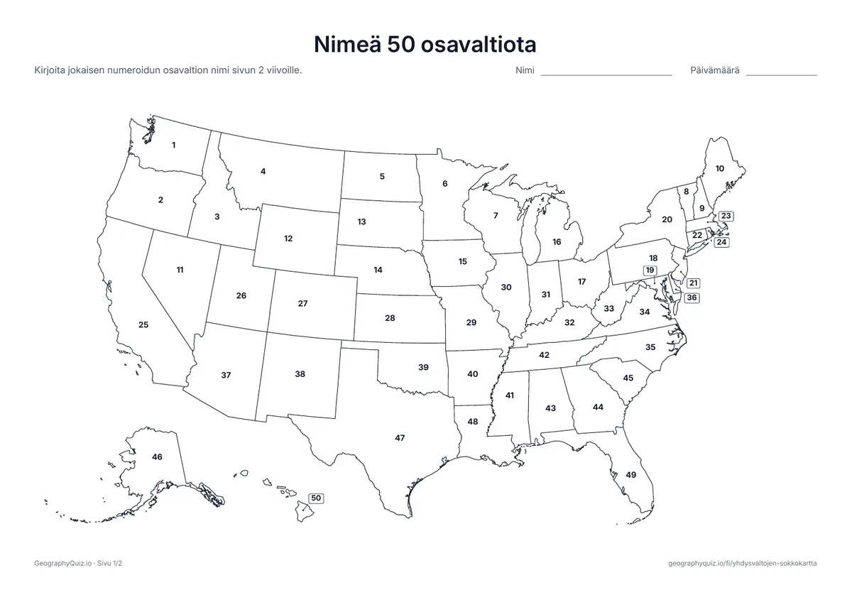 Esikatselu: tulostettava tehtävämoniste ”Nimeä 50 osavaltiota”: Jokaisella osavaltiolla on numero