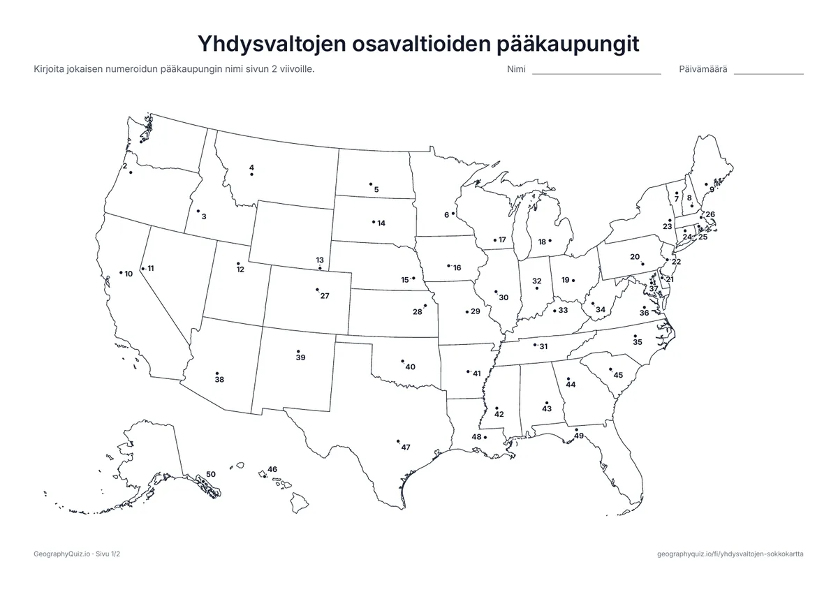 Esikatselu: tulostettava tehtävämoniste ”Yhdysvaltojen osavaltioiden pääkaupungit”: Numeroitu piste merkitsee jokaisen osavaltion pääkaupunkia