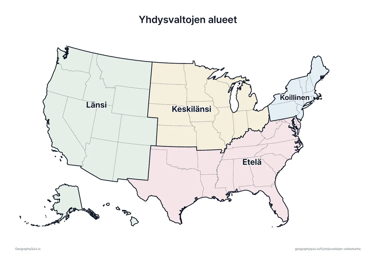 Esikatselu: tulostettava tehtävämoniste ”Yhdysvaltojen alueet”: US Census Bureaun neljä aluetta – koillinen, Keskilänsi, etelä ja länsi – vaaleilla väreillä ja nimineen