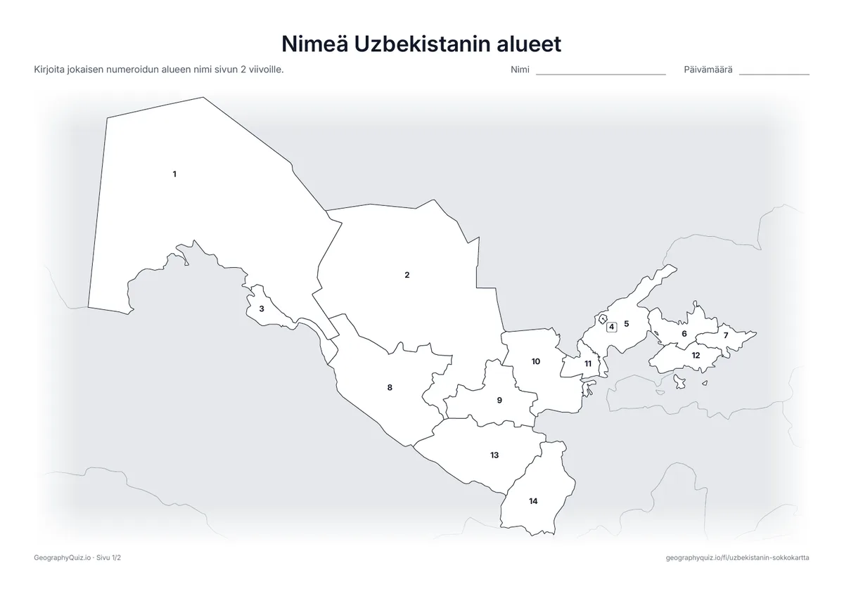 Esikatselu: tulostettava tehtävämoniste ”Nimeä Uzbekistanin alueet”: Kaikki 12 aluetta, Karakalpakia ja Taškent on numeroitu