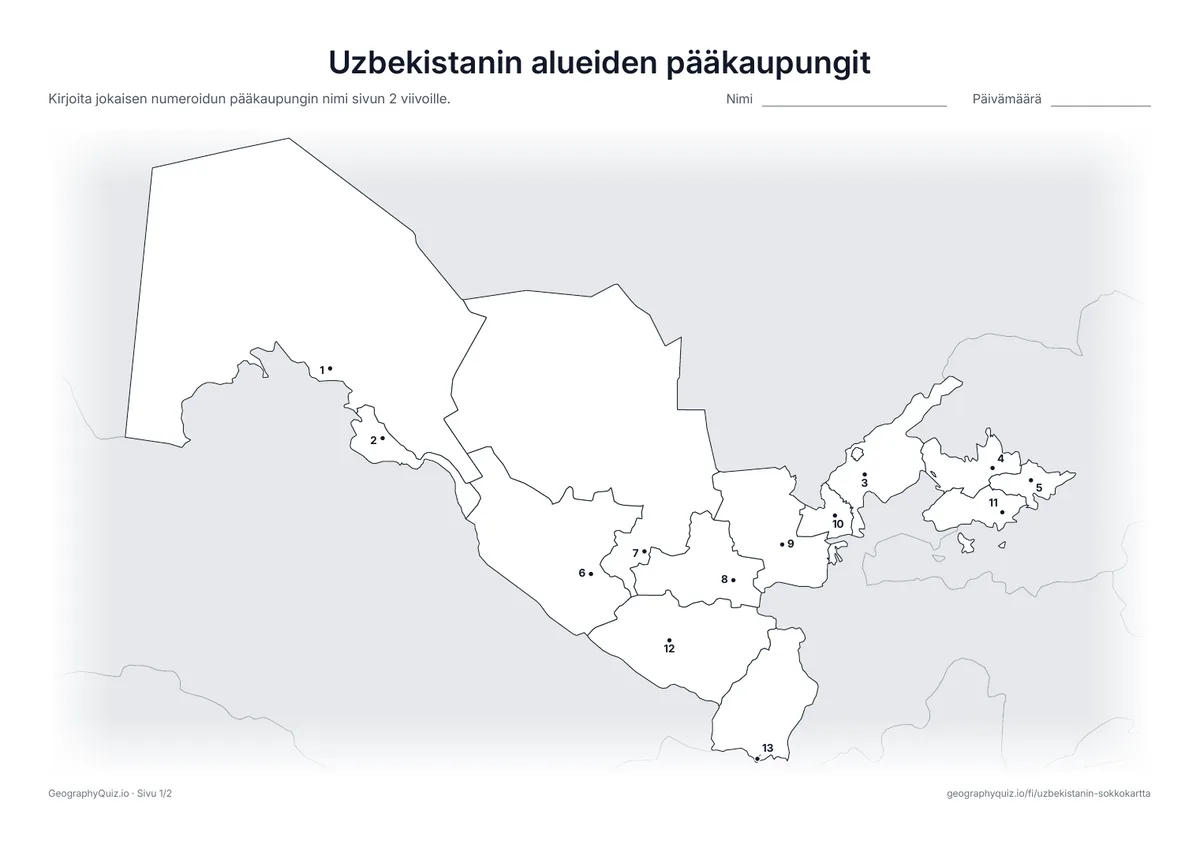 Esikatselu: tulostettava tehtävämoniste ”Uzbekistanin alueiden pääkaupungit”: Jokaisen alueen ja Karakalpakian pääkaupunki on merkitty numeroidulla pisteellä Nukusista Termeziin