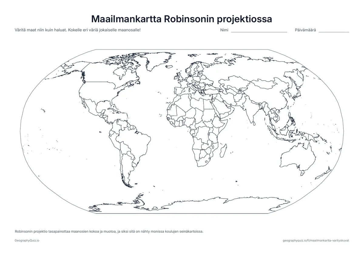 Esikatselu: tulostettava tehtävämoniste ”Maailmankartta Robinsonin projektiossa”: Maailma Robinsonin projektiossa, joka on suosittu koulujen seinäkartoissa, koska se tasapainottaa maanosien kokoa ja muotoa