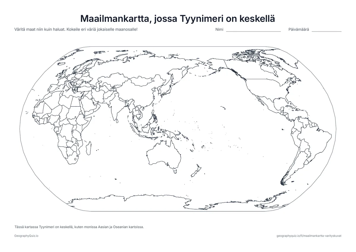 Esikatselu: tulostettava tehtävämoniste ”Maailmankartta, jossa Tyynimeri on keskellä”: Maailma Tyynimeri keskellä, kuten monissa Aasian ja Oseanian kartoissa