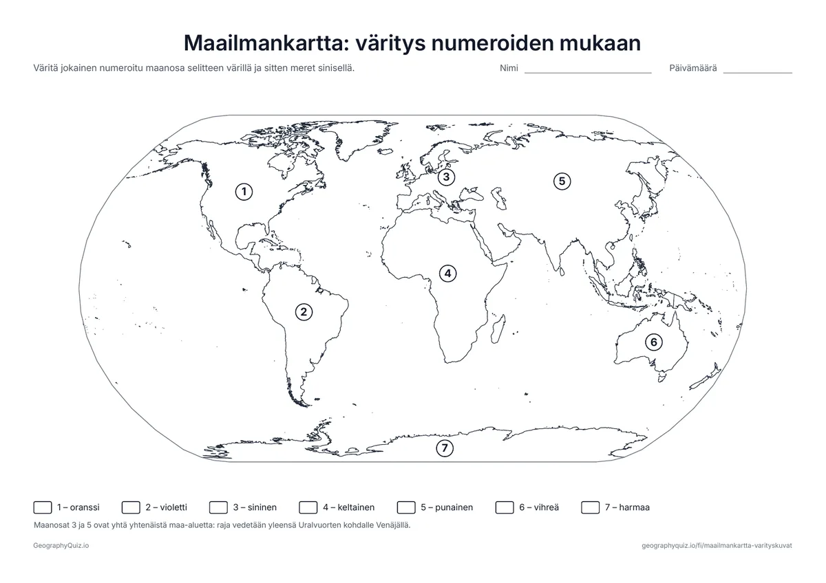 Esikatselu: tulostettava tehtävämoniste ”Maailmankartta: väritys numeroiden mukaan”: Jokaisella maanosalla on numero 1–7, ja se väritetään selitteen oikealla värillä
