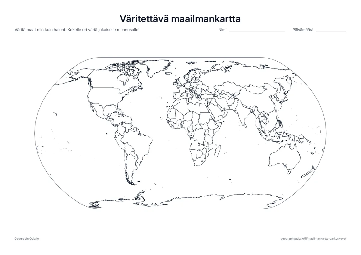 Esikatselu: tulostettava tehtävämoniste ”Väritettävä maailmankartta”: Maailmankartta kaikkine maineen ilman nimiä: väritä maat niin kuin haluat
