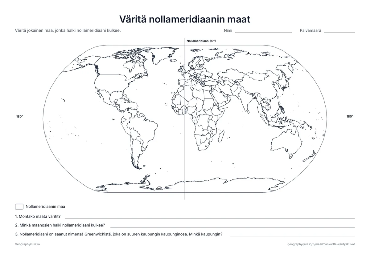 Esikatselu: tulostettava tehtävämoniste ”Väritä nollameridiaanin maat”: Nollameridiaani kulkee kartan poikki navalta navalle