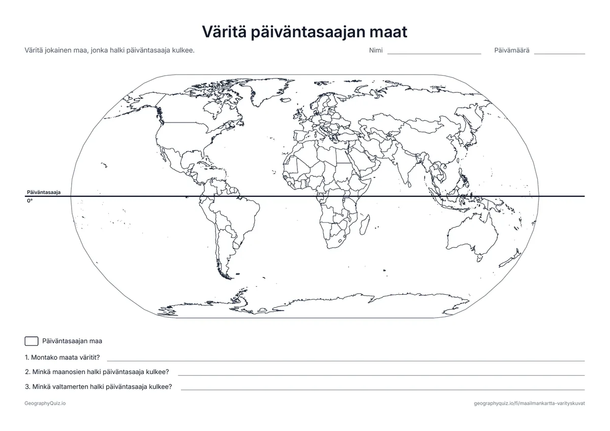 Esikatselu: tulostettava tehtävämoniste ”Väritä päiväntasaajan maat”: Päiväntasaaja on piirretty kartalle