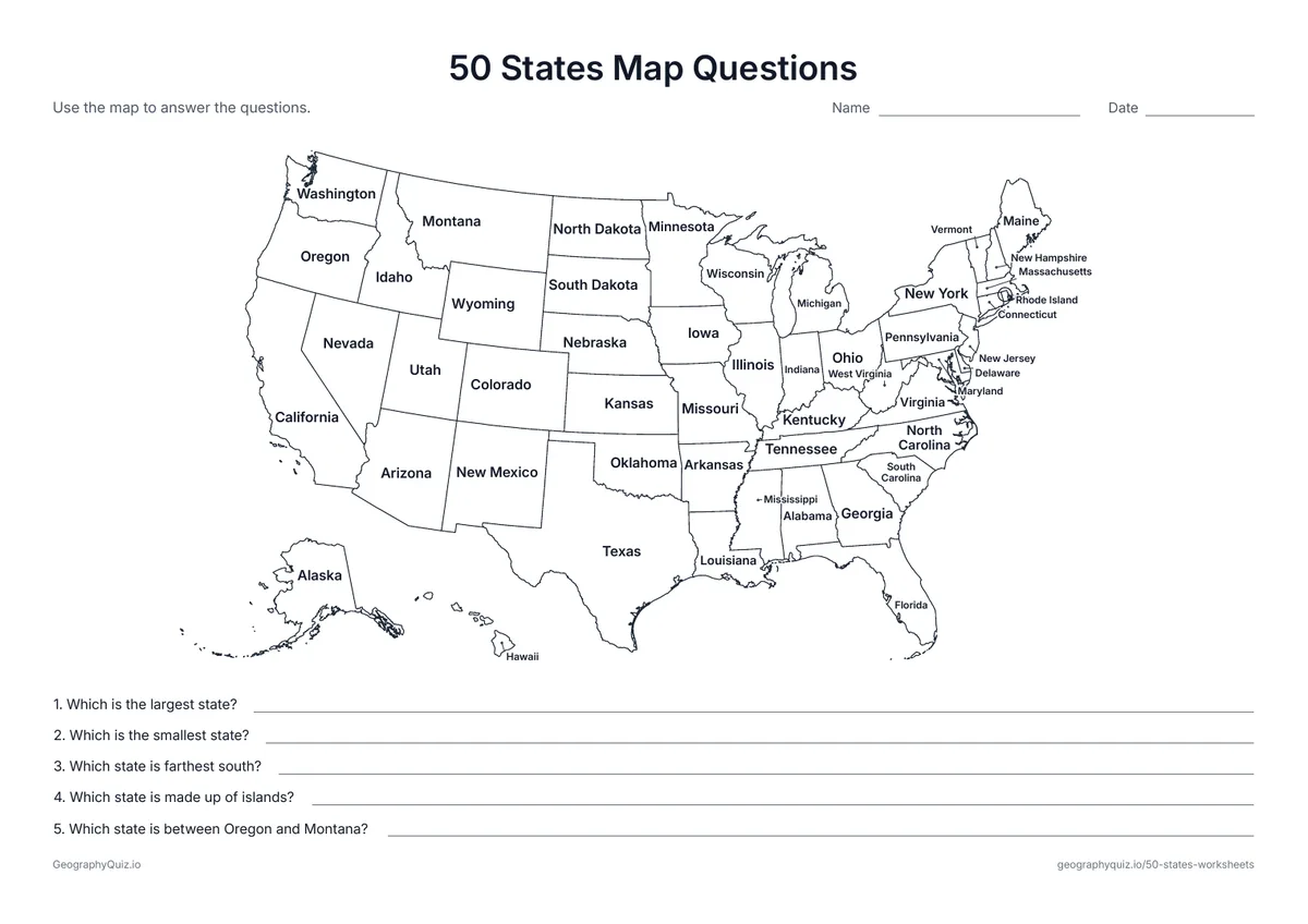 Preview of the printable 50 states map questions worksheet: A map with every state named and five questions about the largest, smallest and farthest states