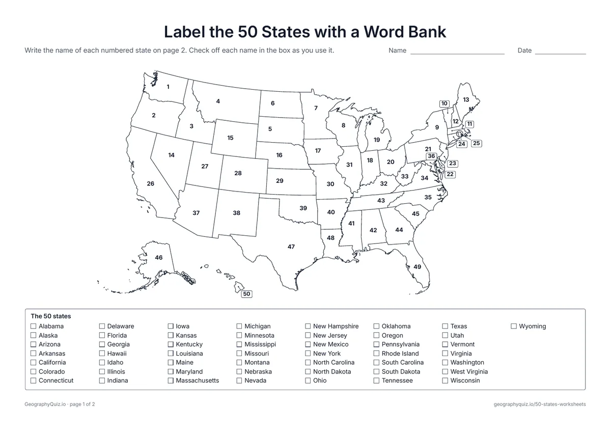 Preview of the printable label the 50 states with a word bank worksheet: Every state is numbered
