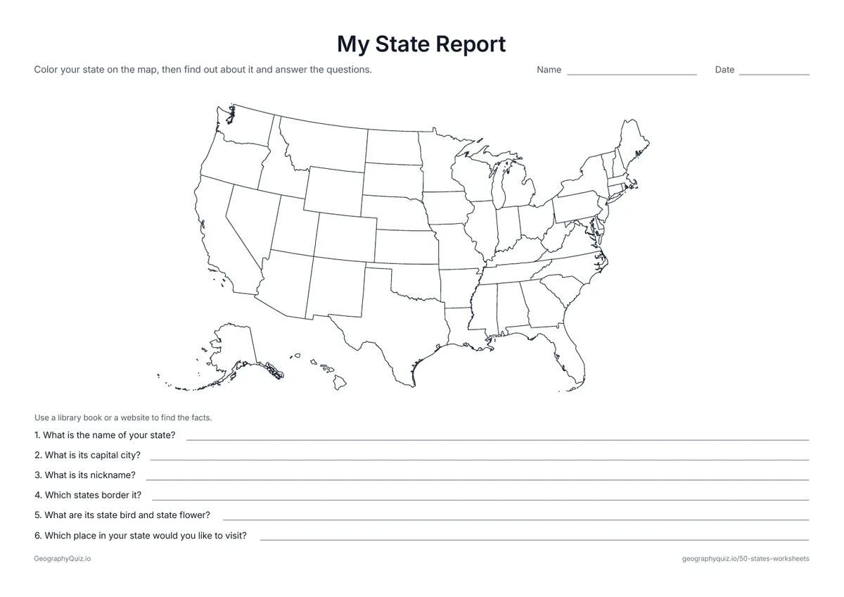 Preview of the printable my state report worksheet: Students color their state on the map, then find and write its capital, nickname, neighbors, state bird and state flower