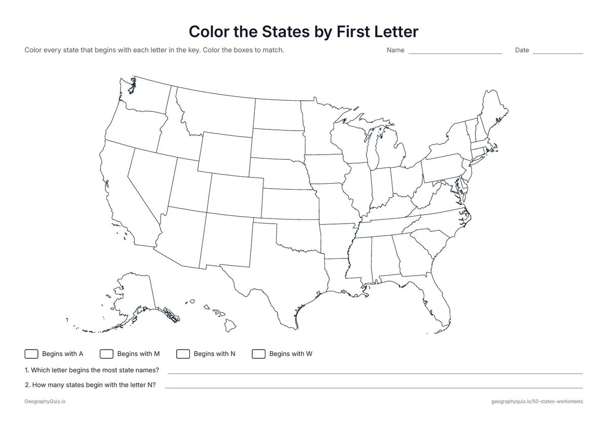 Preview of the printable color the states by first letter worksheet: Students color every state that begins with A, M, N or W, using the key, then count each group
