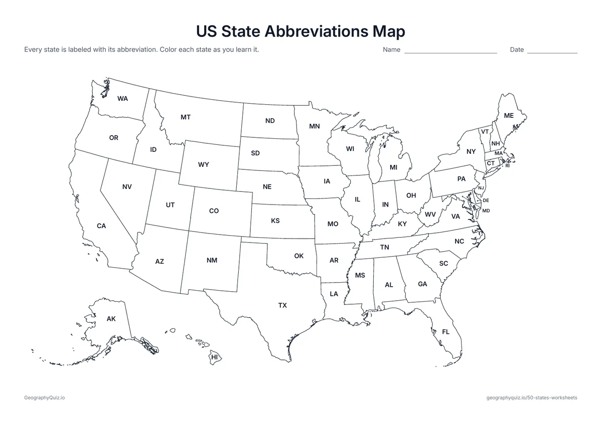 Preview of the printable us state abbreviations map worksheet: Every state marked with its two-letter postal code, from AL to WY