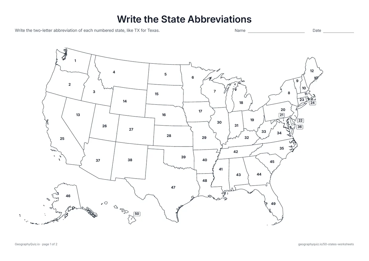 Preview of the printable write the state abbreviations worksheet: The states are numbered
