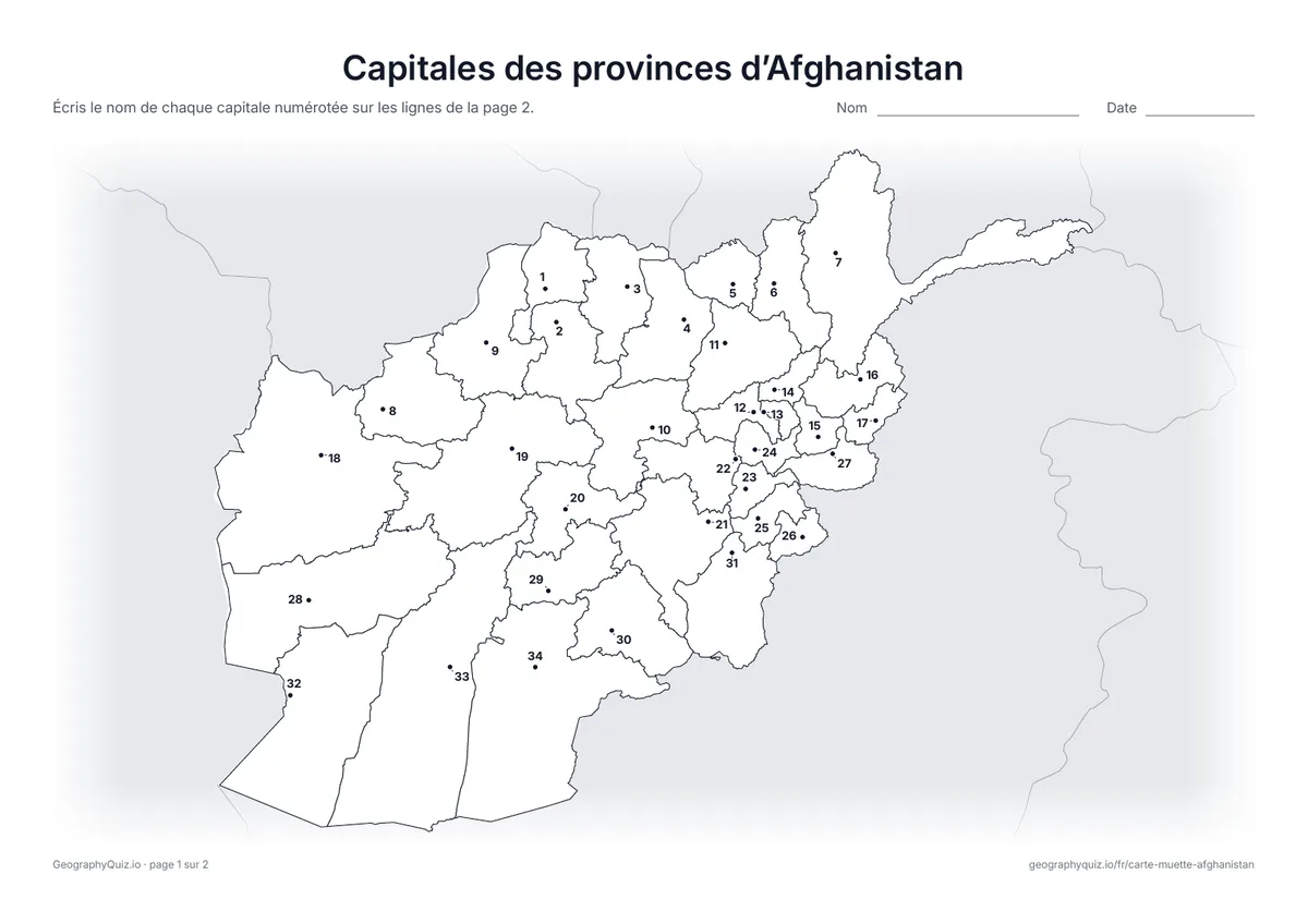 Aperçu de la fiche à imprimer « Capitales des provinces d’Afghanistan »