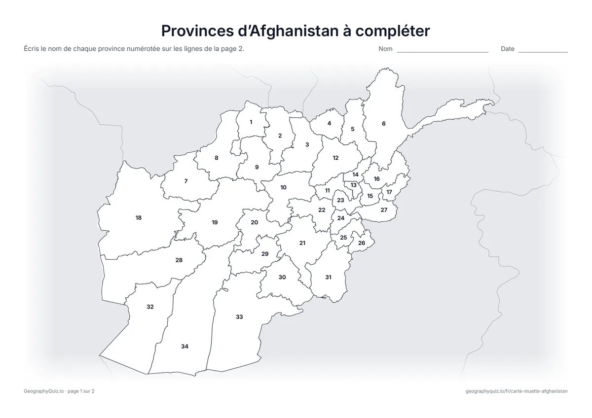 Aperçu de la fiche à imprimer « Provinces d’Afghanistan à compléter »
