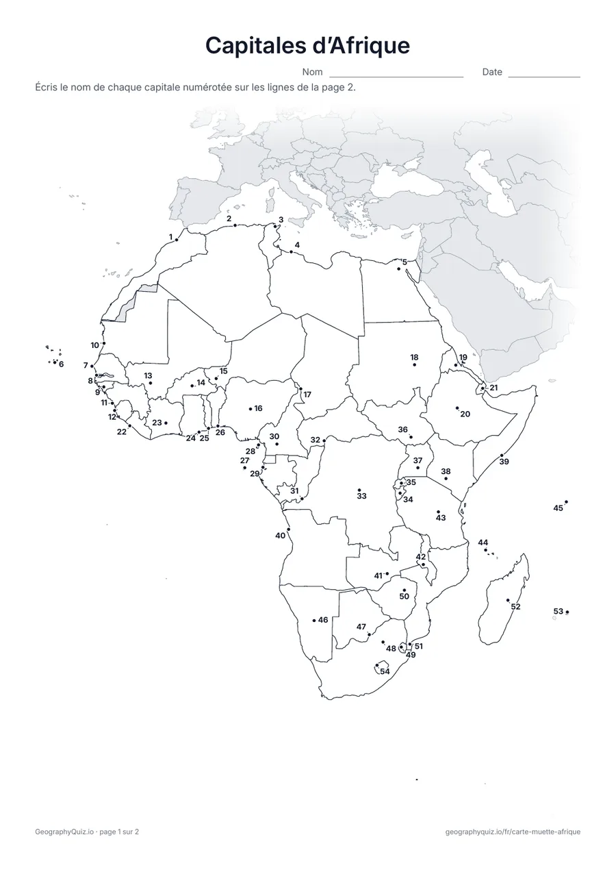 Aperçu de la fiche à imprimer « Capitales d’Afrique »