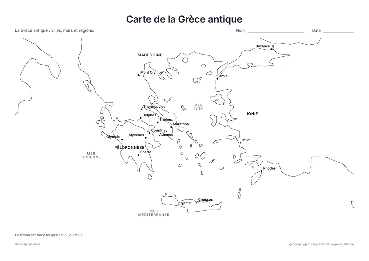 Aperçu de la fiche à imprimer « Carte de la Grèce antique »: Athènes, Sparte, Marathon, Delphes, Olympie, Cnossos, Troie et d’autres lieux, avec le mont Olympe, les mers et les régions