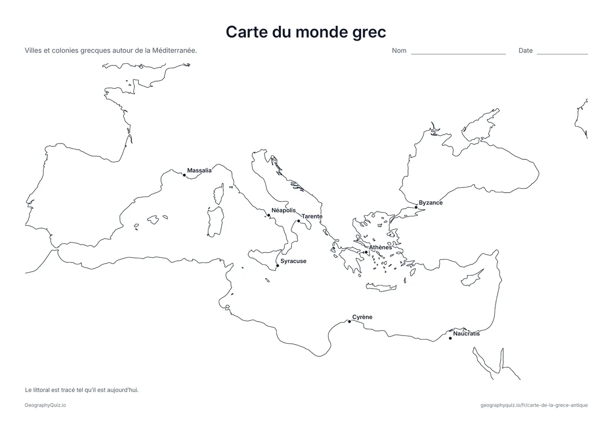 Aperçu de la fiche à imprimer « Carte du monde grec »: Villes et colonies grecques autour de la Méditerranée, de Massalia à l’ouest à Byzance à l’est