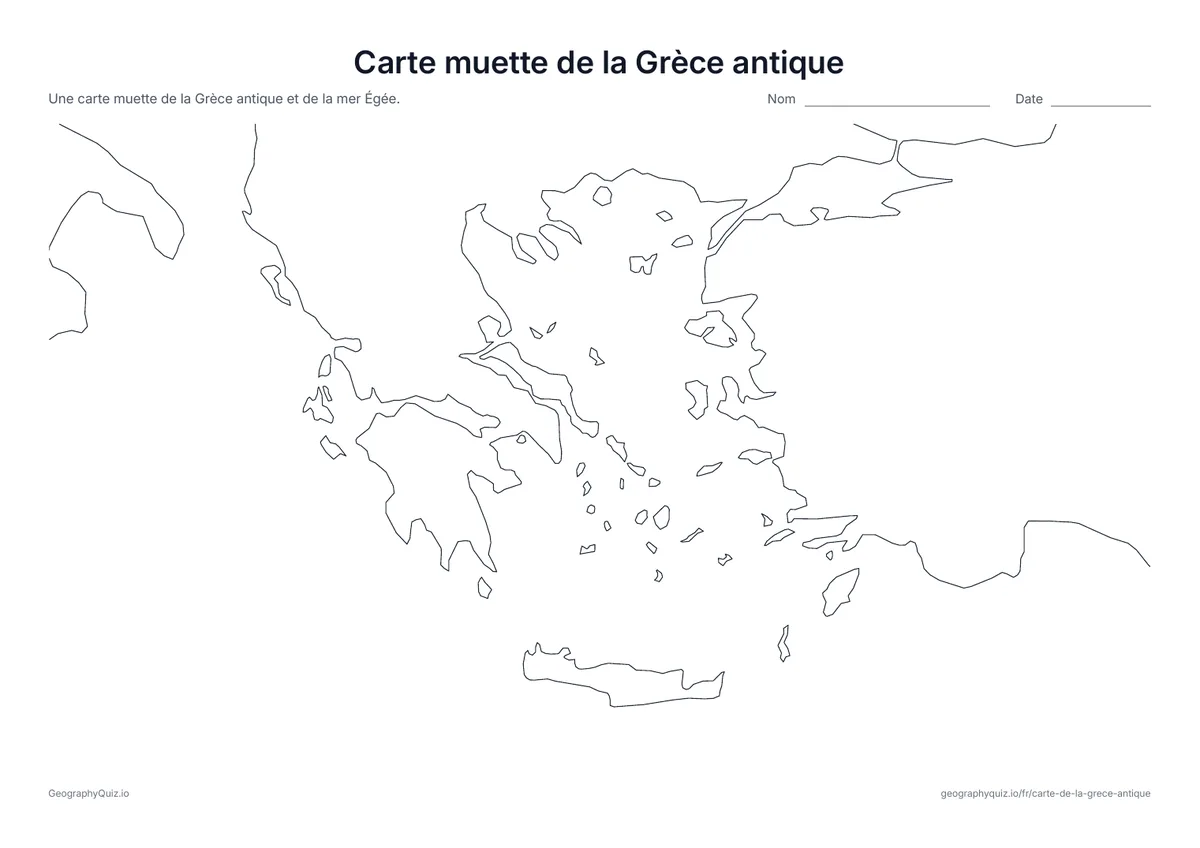 Aperçu de la fiche à imprimer « Carte muette de la Grèce antique »: Les côtes de la Grèce, les îles de la mer Égée et l’Ionie sans noms, prêtes pour ta propre activité