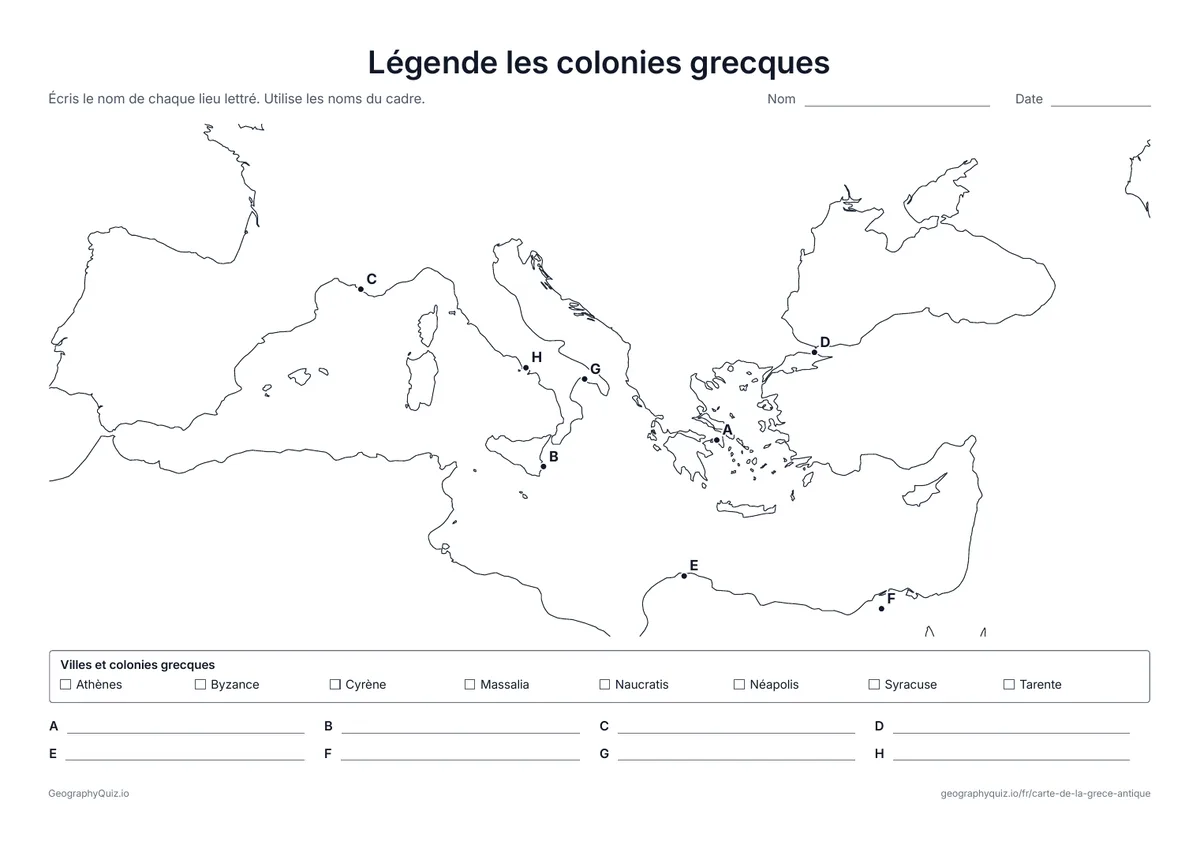 Aperçu de la fiche à imprimer « Légende les colonies grecques »: Huit villes lettrées autour de la Méditerranée