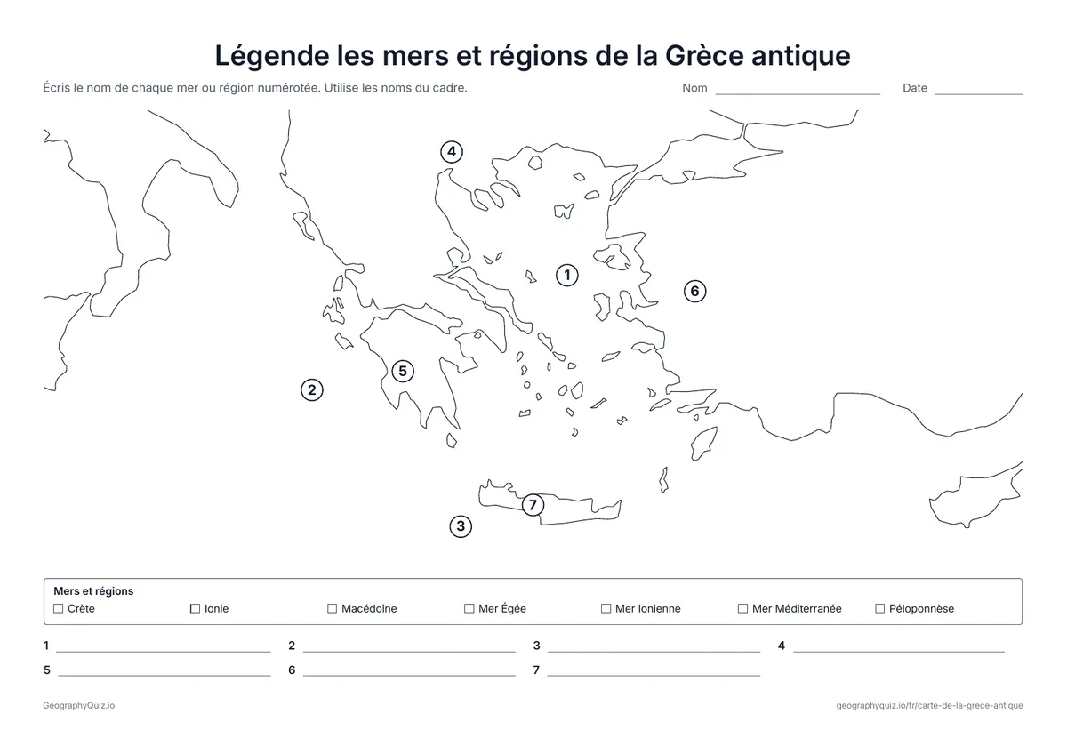 Aperçu de la fiche à imprimer « Légende les mers et régions de la Grèce antique »: Les élèves nomment les mers Égée, Ionienne et Méditerranée et les régions de Macédoine, du Péloponnèse, d’Ionie et de Crète