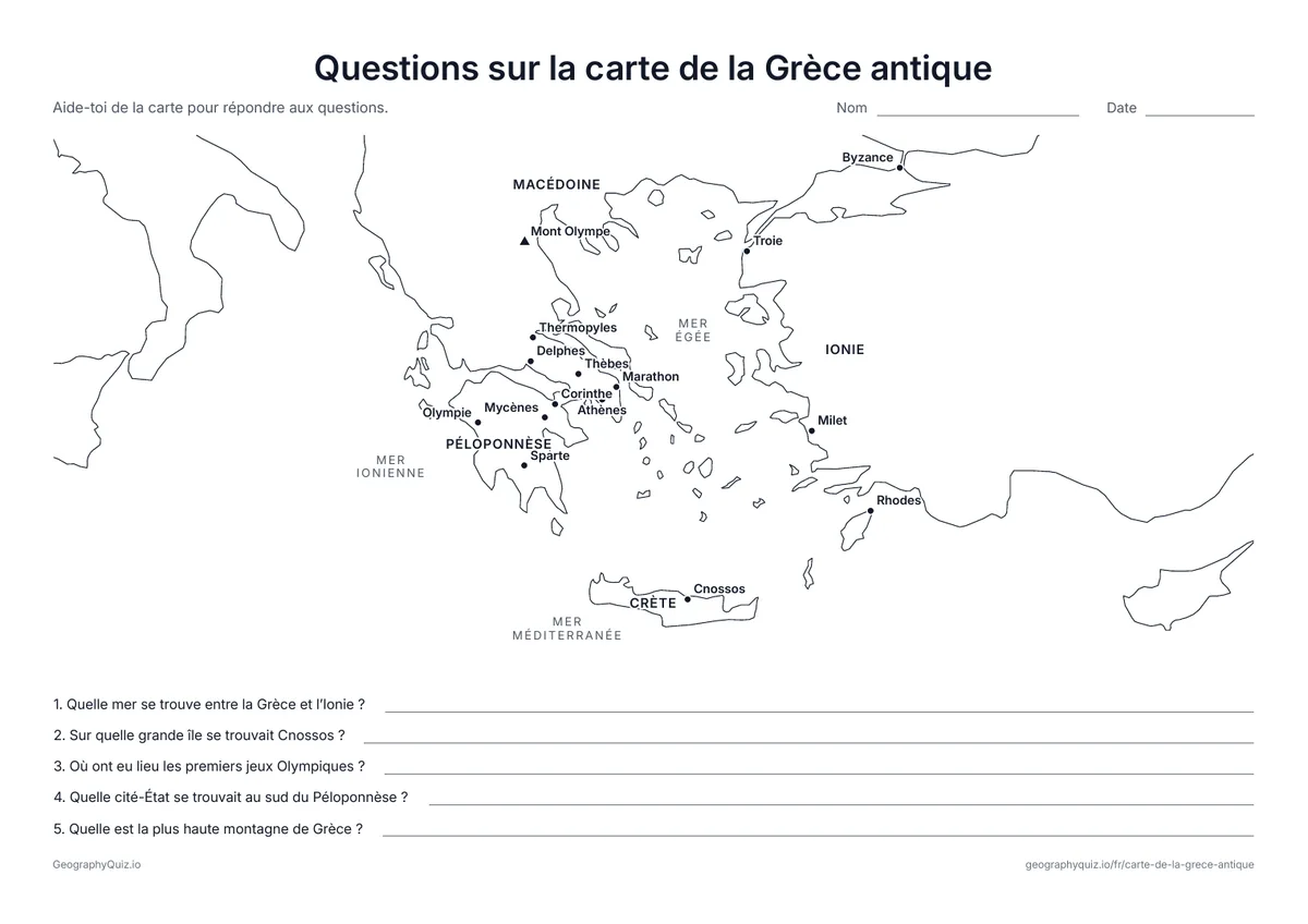 Aperçu de la fiche à imprimer « Questions sur la carte de la Grèce antique »: Une carte légendée et cinq questions sur les jeux Olympiques, Sparte, Cnossos, l’Olympe et la mer Égée