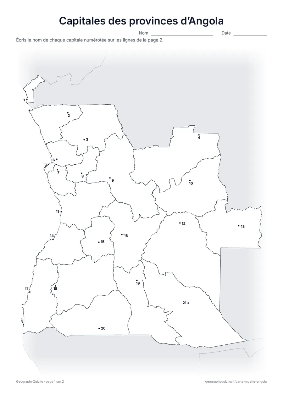 Aperçu de la fiche à imprimer « Capitales des provinces d’Angola »