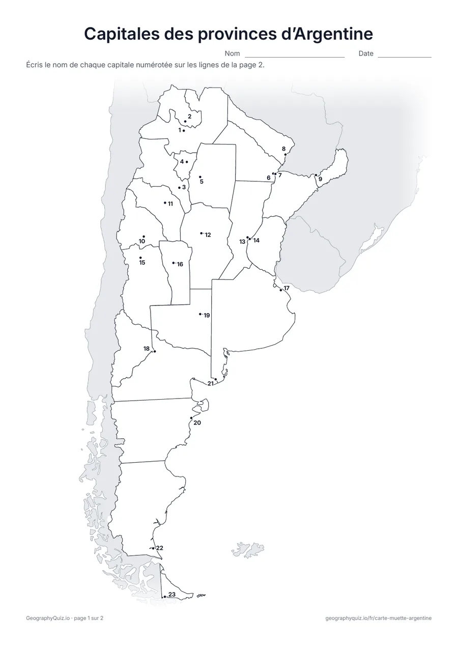 Aperçu de la fiche à imprimer « Capitales des provinces d’Argentine »