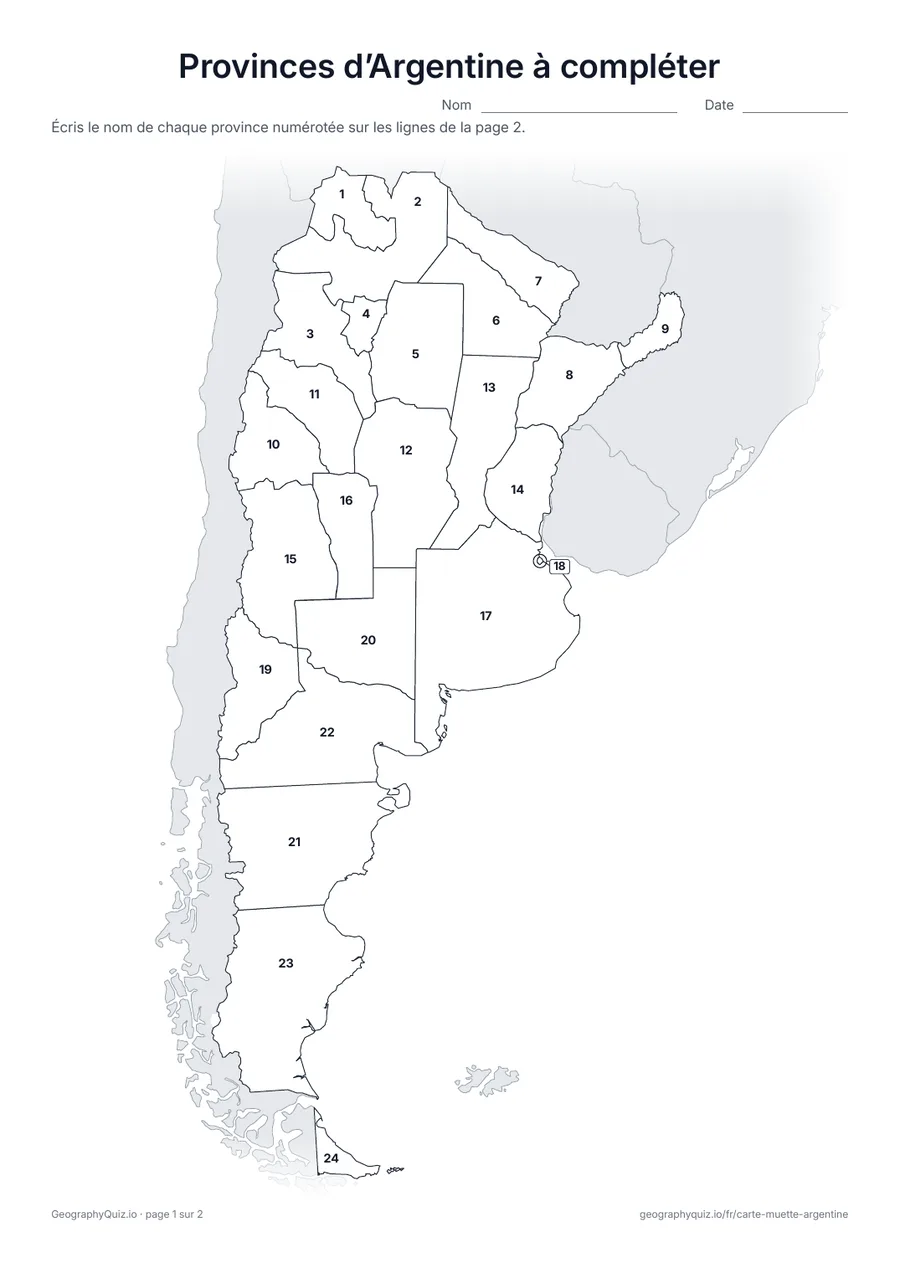 Aperçu de la fiche à imprimer « Provinces d’Argentine à compléter »