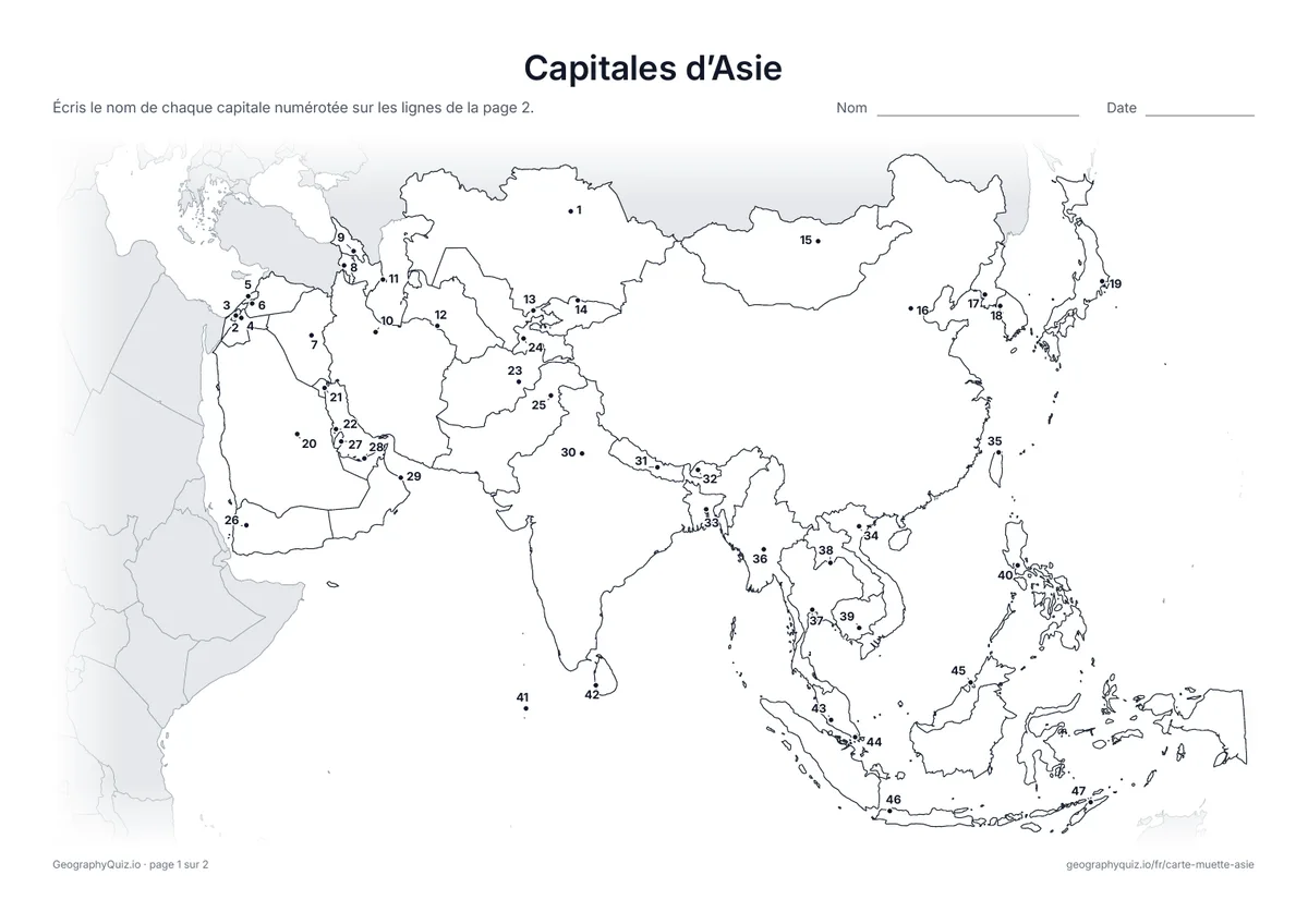 Aperçu de la fiche à imprimer « Capitales d’Asie »