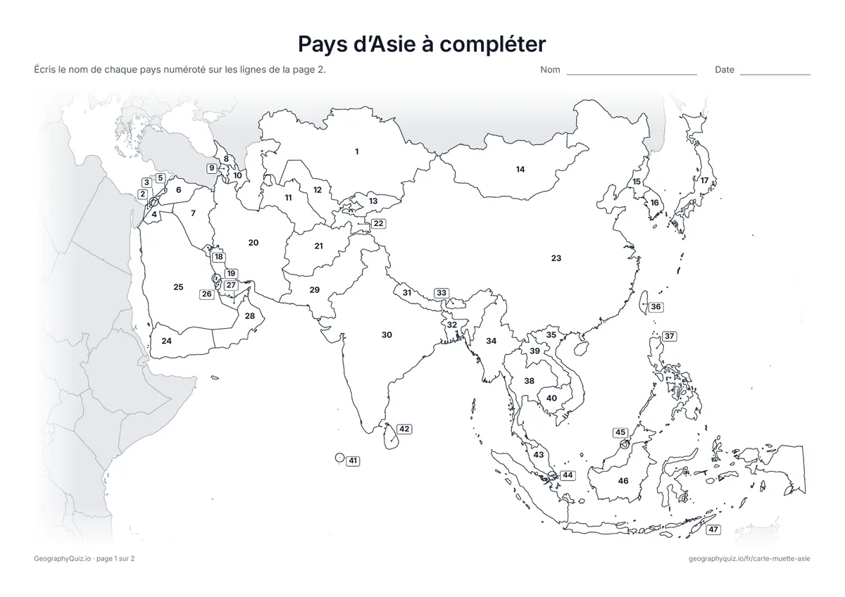Aperçu de la fiche à imprimer « Pays d’Asie à compléter »