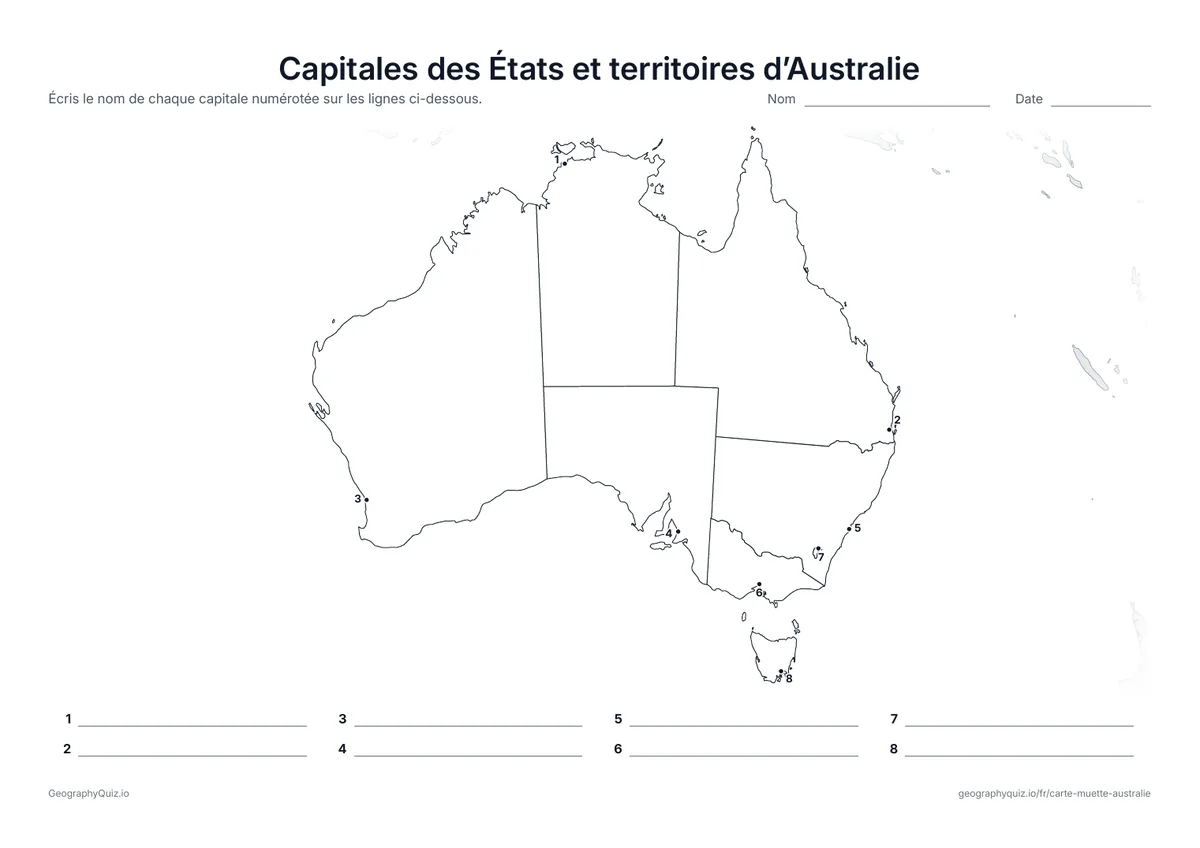Aperçu de la fiche à imprimer « Capitales des États et territoires d’Australie »