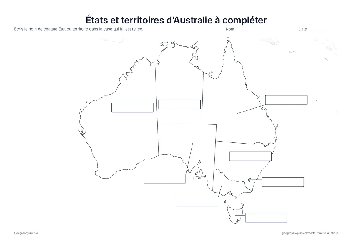 Aperçu de la fiche à imprimer « États et territoires d’Australie à compléter »