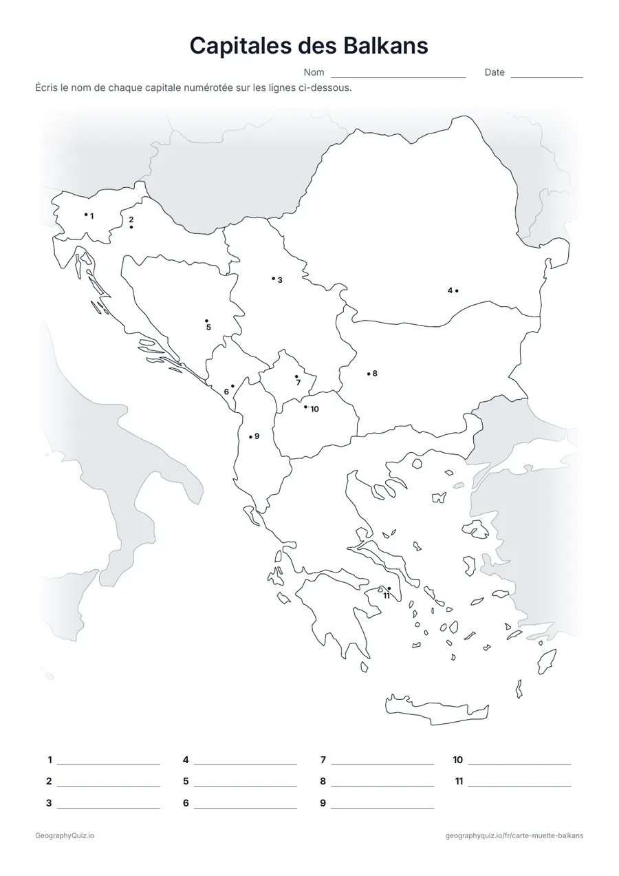 Aperçu de la fiche à imprimer « Capitales des Balkans »