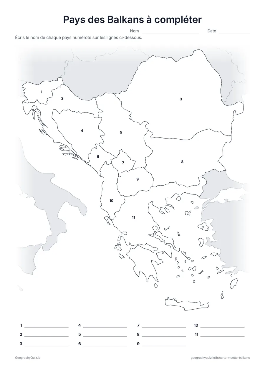 Aperçu de la fiche à imprimer « Pays des Balkans à compléter »