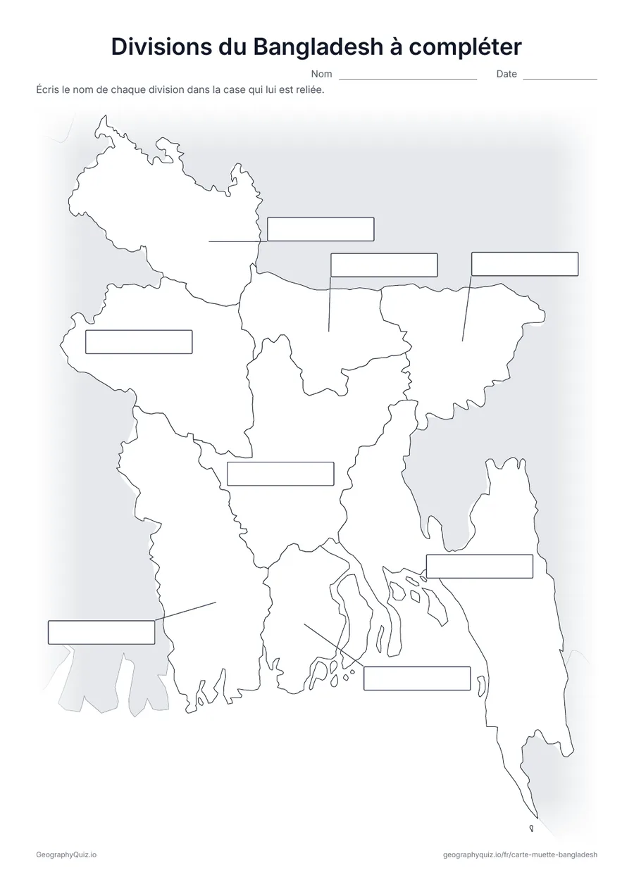 Aperçu de la fiche à imprimer « Divisions du Bangladesh à compléter »